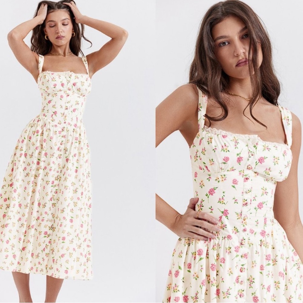 House of CB Cream Midi Dress with Pink Floral Print